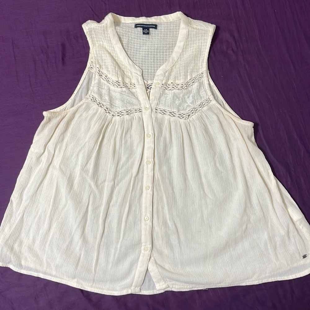 American Eagle Cream/White Tank Top, Size Large